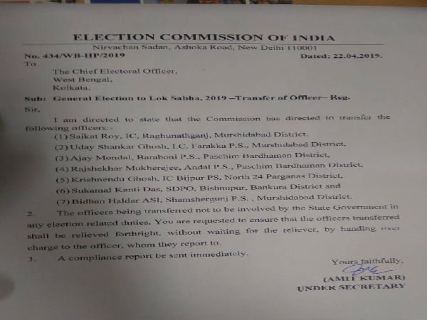 তৃতীয় দফার ভোটের মুখে কড়া কমিশন! মমতার রাজ্যে বদল ৭ পুলিশ অফিসার তৃতীয় দফার ভোটের মুখে কড়া কমিশন! মমতার রাজ্যে বদল ৭ পুলিশ অফিসার