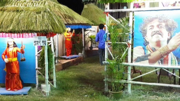 দুর্গার হাতে নেই কোনও অস্ত্র! বহরমপুরের মণ্ডপে কালিকাপ্রসাদকে স্মরণ