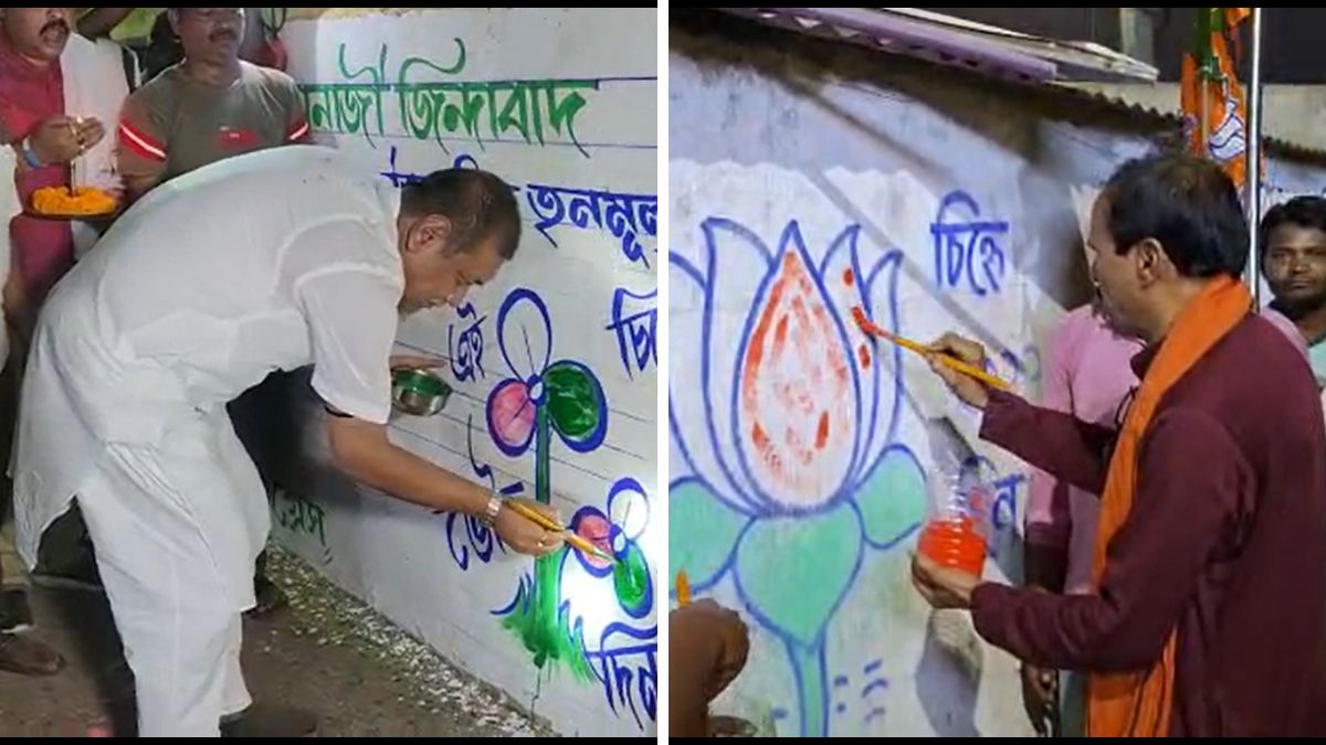 শাঁখ বাজিয়ে শুভ দেওয়ালে লিখন শুরু তৃণমূলের! শাঁখ বাজিয়ে শুভ দেওয়ালে লিখন শুরু তৃণমূলের!