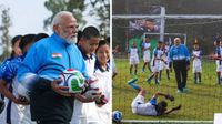 ఫుట్‌బాల్ ఆడిన మోదీ .. కొత్త లుక్ లో- యూత్ తో పోటీ పడి గోల్స్..!!