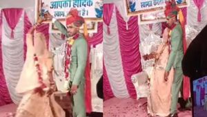 पगड़ी पहने दूल्हे ने घूंघट वाली दुल्हनिया संग सबके सामने किया कुछ ऐसा... जयमाला के समय स्टेज पर हुआ कांड