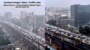 Bengaluru Traffic Jam: Airport Road Flyover Towards Hebbal Jammed As Cyclone Fengal Brings Torrential Rain
