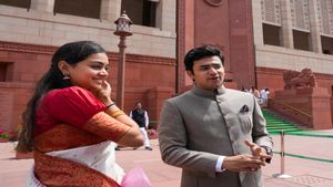 Tejasvi Surya Makes First Parliament Appearance With Wife Sivasri Skandaprasad 
