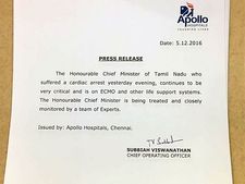 ಜಯಲಲಿತಾ ಅವರ ಸ್ಥಿತಿ ಗಂಭೀರ: ಅಪೋಲೋ ಆಸ್ಪತ್ರೆ 