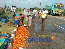 மினிலாரி மீது மணல் லாரி மோதி விபத்து... சாலையில் கொட்டிய 2 டன் தக்காளிகள்