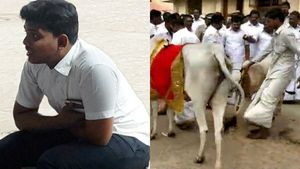 கோயிலுக்குள் அதிமுக கோ பூஜை..  திடீரென எட்டி எட்டி உதைத்த மாடு.. சிதறி ஓடிய பக்தர்கள் 