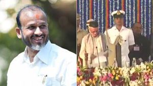 மகாராஷ்டிரா அமைச்சராகும் போது  உணர்ச்சி வசப்பட்ட காங்.எம்எல்ஏ.. கண்டித்த ஆளுநர்.. 2 முறை பதவியேற்பு 
