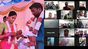 தஞ்சையில் நடைபெற்ற ஒரு முன்மாதிரி திருமணம்... காணொலி காட்சி மூலம் மணமக்களை வாழ்த்திய உறவினர்கள் 