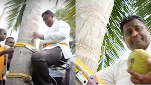 தென்னை மரத்தின் மீது பிரஸ்மீட்.. சரசரவெனெ ஏறி விட்டு இறங்கத் தெரியாமல் திணறிய அமைச்சர்!