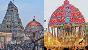  திருவாரூர் தியாகராஜர் கோவிலில் ஆழித்தேரோட்டம்  கோலாகலம் - பக்தர்கள் ஆருரா தியாகேசா முழக்கம் 