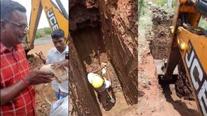 நாயின் உயிரை காத்த புல்டோசர்.. 15 அடி போர் குழியிலிருந்து மீட்பு  - இது திருவாரூர் மாடல் 