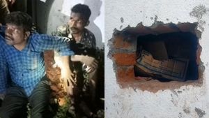யாருப்பா உள்ள..? சுவர் ஓட்டைக்குள் இருந்து நெளிந்து வெளியே வந்த கொள்ளையர்கள்.. ‘வந்தது வந்துட்டோம்!’
