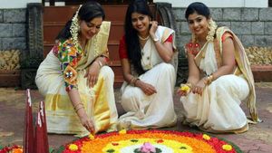 கேரளாவில் களைகட்டும் ஓணம் பண்டிகை.. அத்தப்பூ கோலம், 64 வகை உணவு சமைத்து உற்சாக கொண்டாட்டம்! 