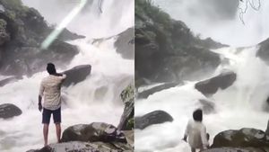 பாறையில் நின்று நீர் வீழ்ச்சியை ரசித்த இளைஞர்.. திடீரென கால் தவறி அடித்துச் செல்லப்பட்ட பரிதாபம் 