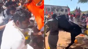 அண்ணாமலை பக்கத்தில் வந்தபோது திடீரென சீறிய காளை மாடு.. பதறிய பாஜகவினர்.. சூழ்ந்து நின்று காத்தனர்