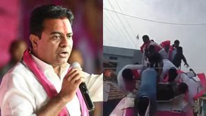  தலைகீழாக தொங்கிய தெலங்கானா முதல்வர் மகன் கேடி ராமராவ்! பிரசார வேனில் இருந்து விழுந்ததால் பரபரப்பு