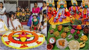 அத்தப்பூ கோலம் + அறுசுவை விருந்து.. கேரளாவில் களைகட்டிய ஓணம்.. புத்தாடை அணிந்து கொண்டாட்டம் 