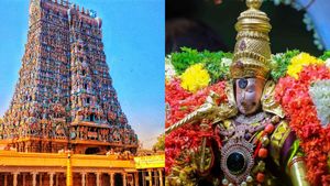 மதுரை மீனாட்சியின் அலங்காரம்!காலையில் பாவாடை சட்டை ! பகலில் மடிசார் புடவை! இரவு வெண்பட்டு! 
