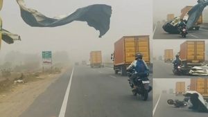 கோவை - திருச்சி நெடுஞ்சாலையில் ஷாக்.. பேனர் கிழிந்து விழுந்ததில் பைக்கில் சென்றவருக்கு நேர்ந்த கதி! வீடியோ