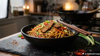 Vegan Chow Mein: Seitan Stir-Fry with Mushrooms and Bean Sprouts