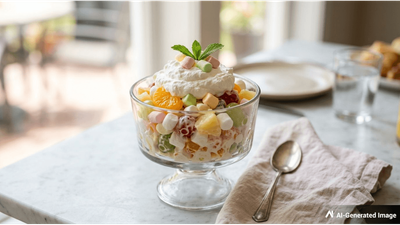 Ambrosia Fruit Salad: Classic USA Dessert with Creamy Marshmallow and Fruit Mix