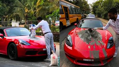 Porsche car: ಪೋರ್ಷೆ ಕಾರಿನ ಬಾನೆಟ್ ಮೇಲೆ ಸಿಮೆಂಟ್ ಬೆರೆಸಿ ಬೆಂಗಳೂರಿನ ರಸ್ತೆ ಗುಂಡಿ ಮುಚ್ಚಿದ ಉದ್ಯಮಿ; ವಿಡಿಯೋ ವೈರಲ್