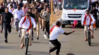 Vijay: ಪ್ರಚಾರದ ವೇಳೆ ಹೂವಿನ ಚೆಂಡು ಎಸೆದ ಅಭಿಮಾನಿ; ಸೈಕಲ್‌ನಿಂದ ಇಳಿದು ಗಾಡಿ ಹತ್ತಿದ ದಳಪತಿ ವಿಜಯ್‌, ವಿಡಿಯೋ ವೈರಲ್‌