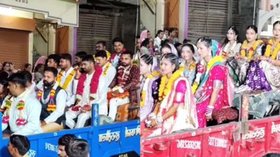 ಒಂದೇ ಕುಟುಂಬದ 14 ಗಂಡುಮಕ್ಕಳಿಗೆ ಮಂಟಪದಲ್ಲಿ ಒಂದೇ ಸಲ ಮದುವೆ, ಟ್ರ್ಯಾಕ್ಟರ್‌ನಲ್ಲಿ ಮೆರವಣಿಗೆ; ಕಾರಣ ಕೇಳಿ ಗಾಬರಿ ಆಗ್ಬೇಡಿ