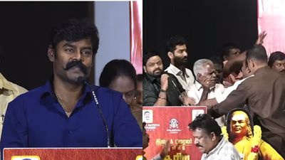 தேவரை பற்றி தப்பா பேசாதீங்க!  ‘தேசிய தலைவர்’ பட மேடையில் முற்றிய வாக்குவாதம்! ஆர்கே சுரேஷ் செய்த செயல்