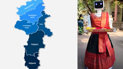 கோவை வாக்குச்சாவடியில் ‘டினா’ ரோபோ கலக்கல்! பாரம்பரிய உடையில் வரவேற்பு.. செல்பி எடுத்த  வாக்காளர்கள்