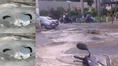 சென்னை பெருங்குடியில் உள்வாங்கிய சாலை.. திடீர் பள்ளத்தில் பீய்ச்சியடித்த தண்ணீர்.. போக்குவரத்து பாதிப்பு