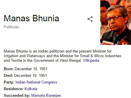 কংগ্রেস নেতা মানস ভুঁইঞ্যা 'প্রয়াত', নিঃশব্দে ঘোষণা 'উইকিপিডিয়া'-র