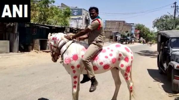 ‌অন্ধ্র পুলিশ করোনা ভাইরাস আঁকা ঘোড়ায় চড়ে সচেতনতা ছড়াচ্ছেন, ভাইরাল ভিডিও