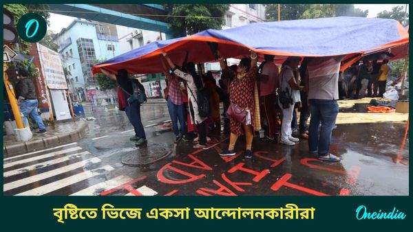 বৃষ্টিতে ভিজে গিয়েছে সব, মাথা বাঁচাতে ত্রিপলের নীচে একজোট আন্দোলনকারী জুনিয়র চিকিৎসকরা