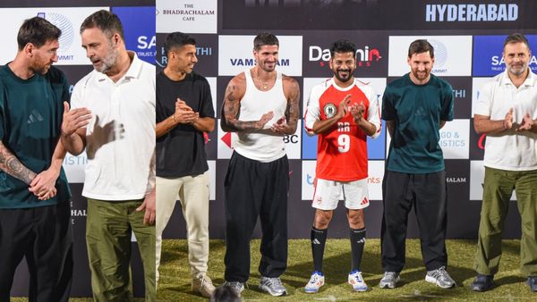 হায়দরাবাদে বল পায়ে মাতালেন মেসি, গোল করলেন মুখ্যমন্ত্রী রেবন্ত, রাহুলকে জার্সি দিলেন লিও