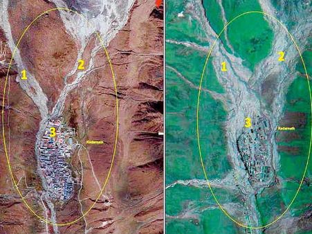 A pre-event satellite image shows that settlements were there around Kedarnath temple (left) while a post-disaster image (right) shows the town has almost disappeared from both the east and west valleys