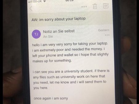 લેપટોપ ચોરી કર્યા પછી ચોરે ઈમેલ મોકલીને માફી માંગી