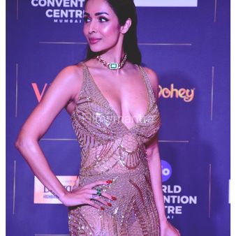 મલાઈકા લાઈટ બદામી કલરના સિક્વન્સ વર્ક ગાઉન પહેરીને પહોંચી