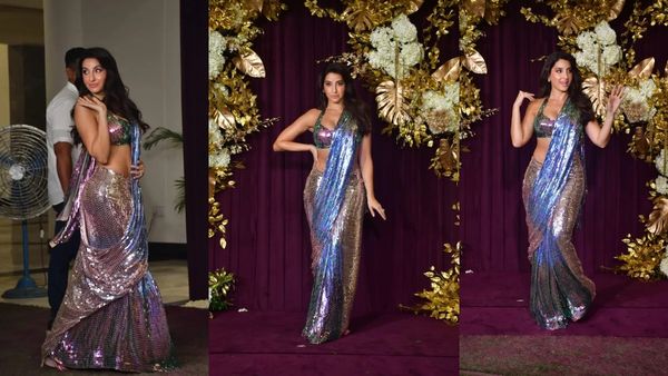 Nora Fatehi : મનીષ મલ્હોત્રાની દિવાળી પાર્ટીમા નોરા ફતેહીએ ફેન્સના ઘબકારા વધાર્યા, જુઓ અલ્ટ્રા બોલ્ડ સાડી લુક