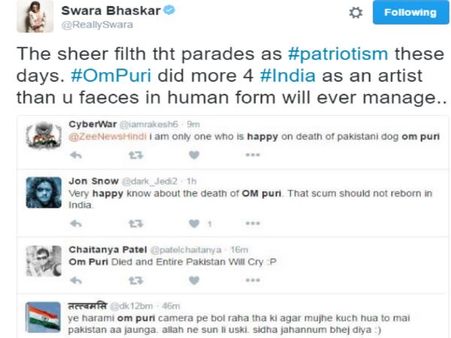 ओमपुरी के देहांत के बाद सोशल मीडिया पर दी गई गाली, स्‍वरा भास्‍कर ने ट्वीट कर दी जानकारी