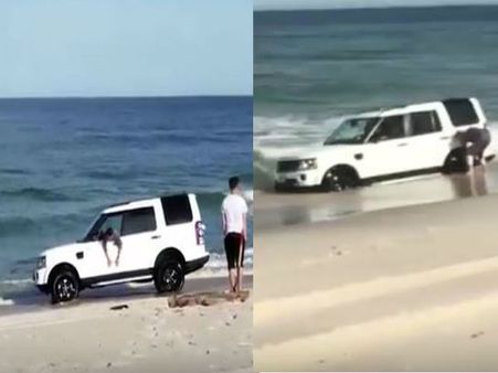 Video:फोटो लेने के चक्कर में समंदर में जा फंसी लैंड रोवर