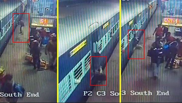 VIDEO: चलती ट्रेन में चढ़ रहे यात्री का फिसला पैर, देखिए RPF जवान ने कैसे बचाया