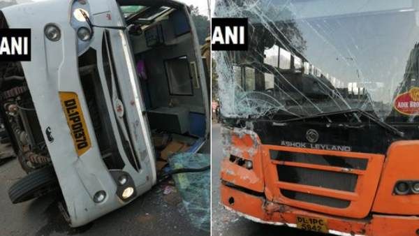दिल्ली में डीटीसी बस से टकराकर पलटी स्कूल बस, 6 बच्चे घायल