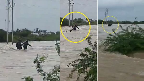 नदी के उफान से डूबा रास्ता, यहां से निकल रहे 3 लोग पानी में समाए, 1 बचाया गया