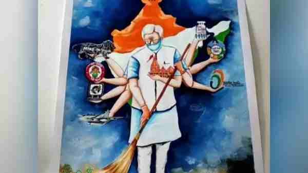 काशी के आर्टिस्ट अरविंद ने बनाई प्रधानमंत्री मोदी की पेंटिंग, 10 प्रमुख योजनाओं को भी दर्शाया