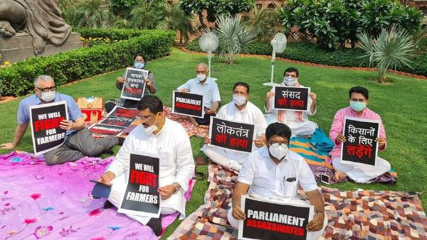 VIDEO: राज्यसभा से सस्पेंड 8 सांसदों का संसद में धरना, गाना गाते दिखीं टीएमसी सांसद