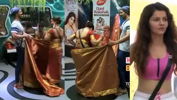 BB14: अभिनव शुक्ला के हाथों साड़ी पहनने की जिद पर अड़ी राखी सावंत, रुबीना दिलैक का ऐसा था रिएक्शन