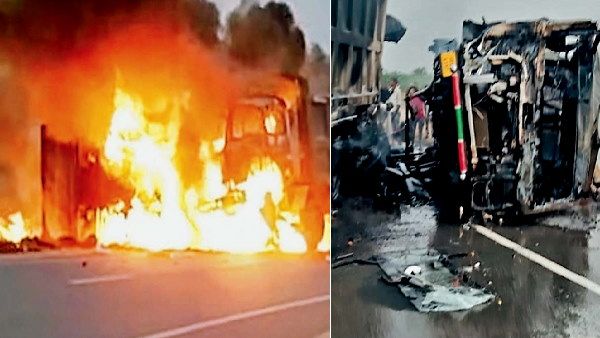 दो ट्रकों के बीच हुई भयंकर टक्कर से आग लगी, क्लीनर जिंदा जला, दोनों के ड्राइवर भी झुलसे