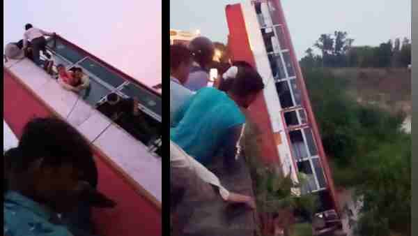 कानपुर: रेलिंग तोड़कर नदी में सीधी खड़ी हो गई बस, इस तरह बचाई लोगों ने जान