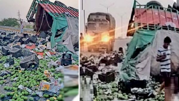 हरियाणा: फलों से भरा ट्रक हाईवे पर पलटा, 4 लाख के आम समेट ले गए कार-बाइकों वाले